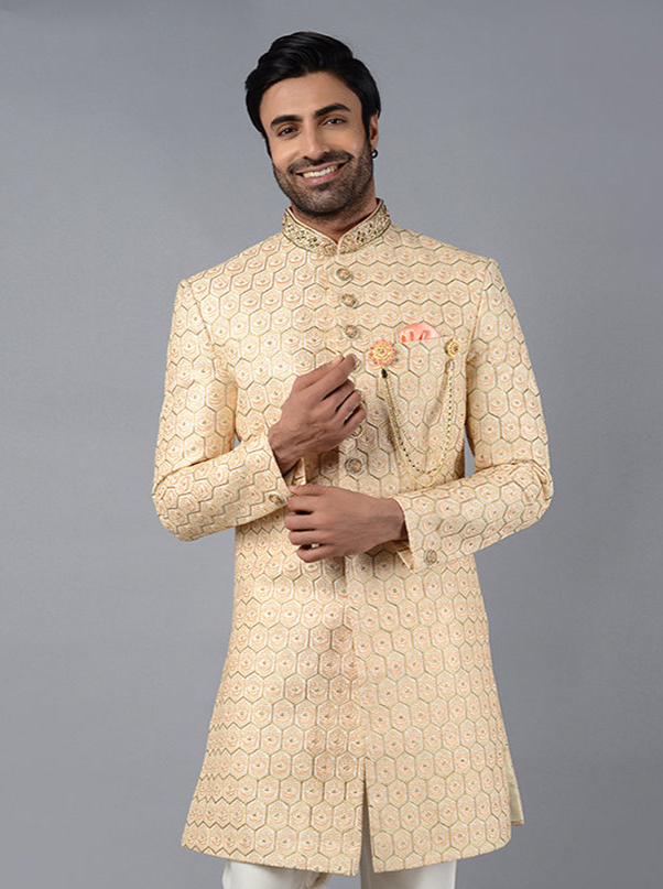 Cream & Peach Indo Western Jacket for Men | Embroidered Design