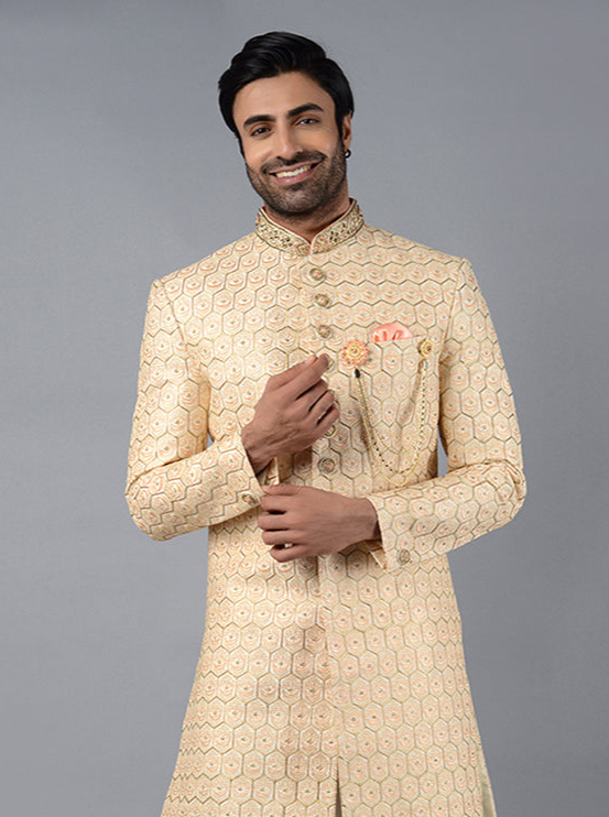 Luxurious Cream & Peach Silk Blend Indowestern | Grand Occasions