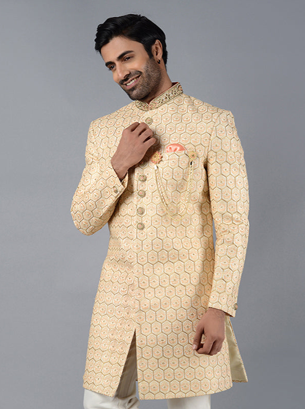 Cream & Peach Indo Western Jacket for Men | Embroidered Design