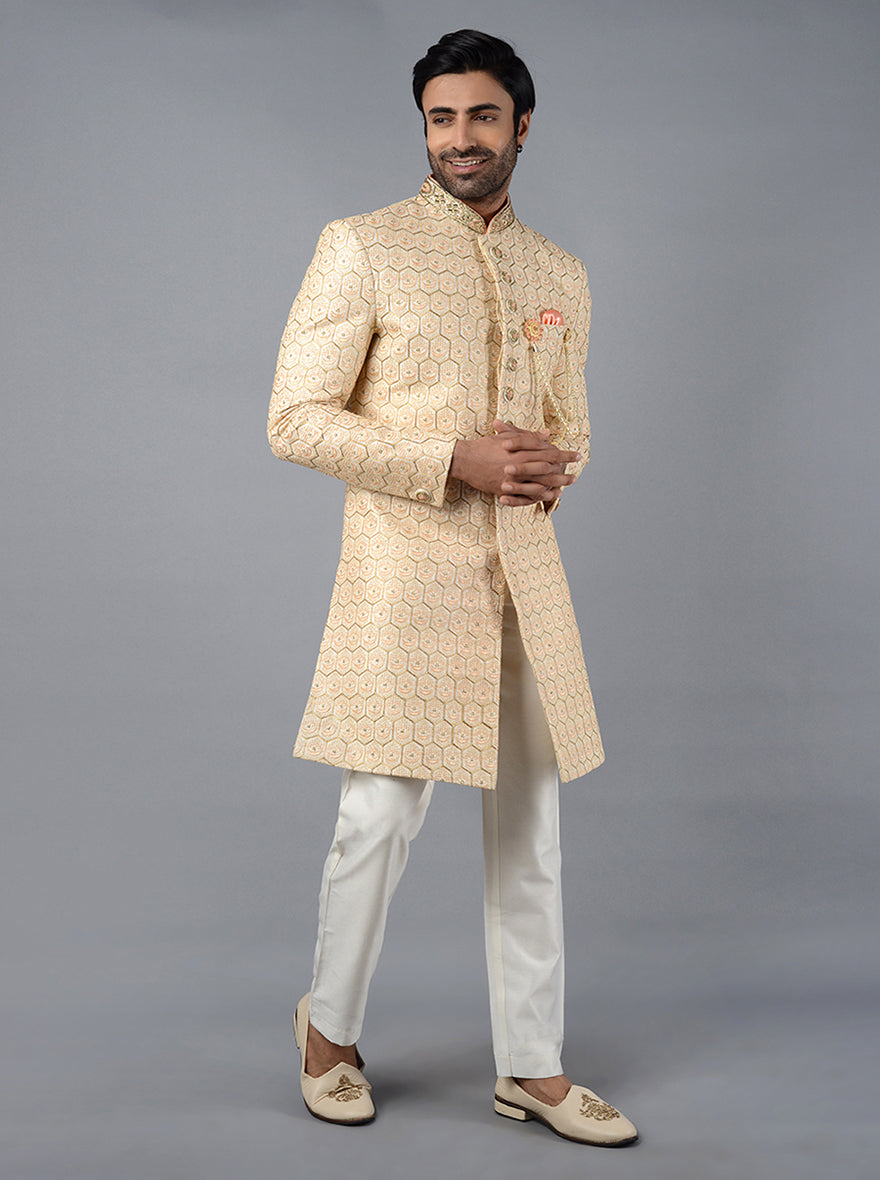 Luxury Silk Blend Cream & Peach Indowestern for Weddings