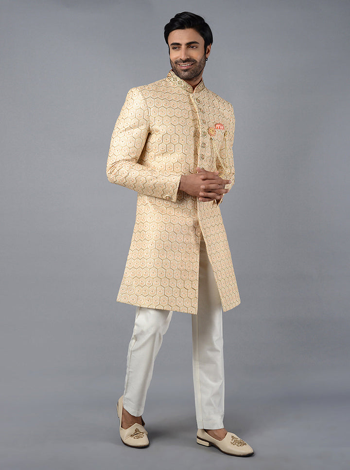 Luxury Silk Blend Cream & Peach Indowestern for Weddings