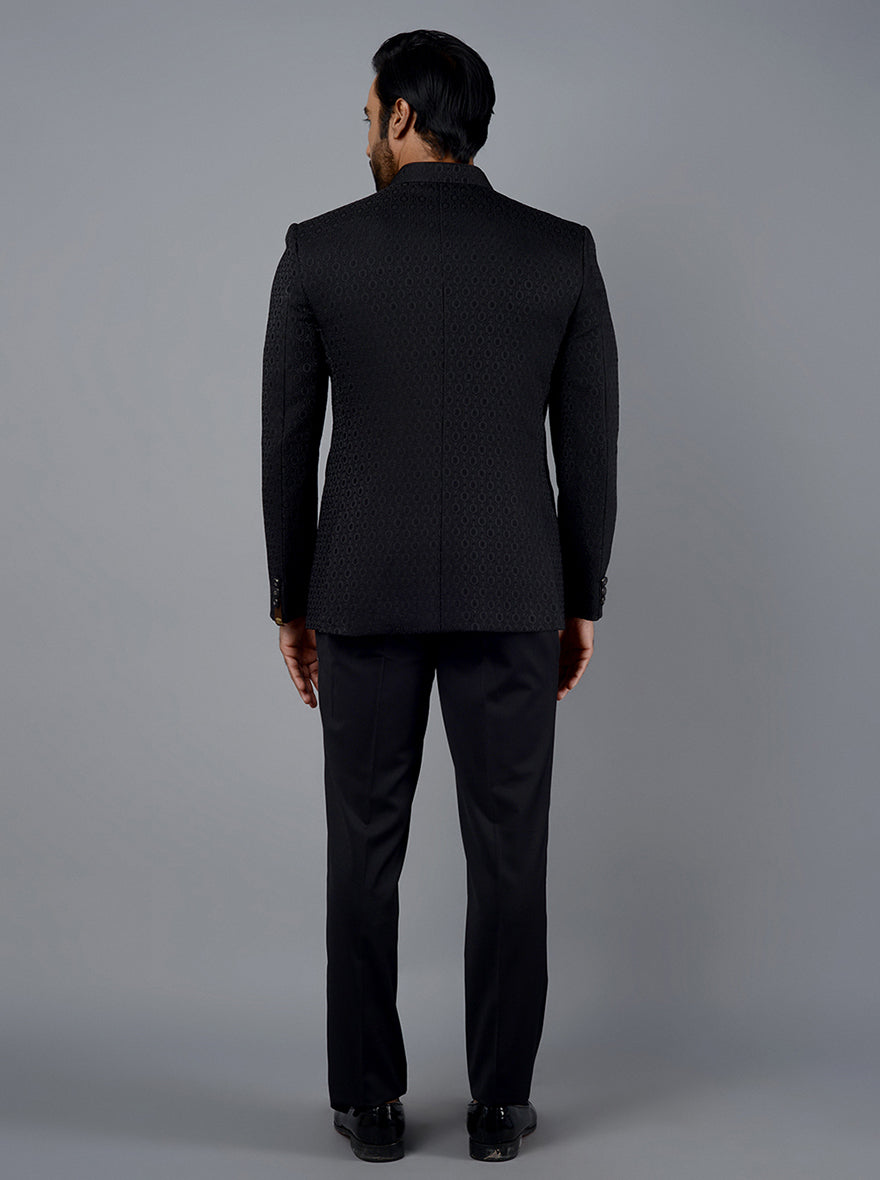 Classic black self-designed jodhpuri suit with pocket square for formal events.