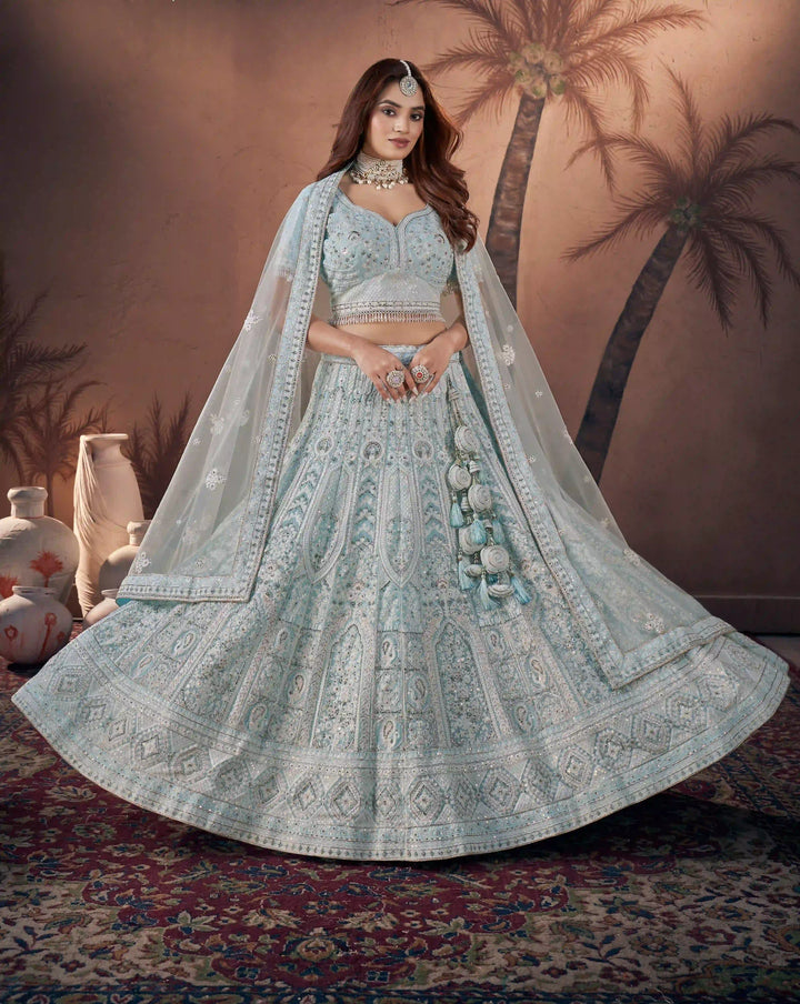 Sky Blue Bridal Handwork Lehenga Choli | Party Wear Georgette Lehenga