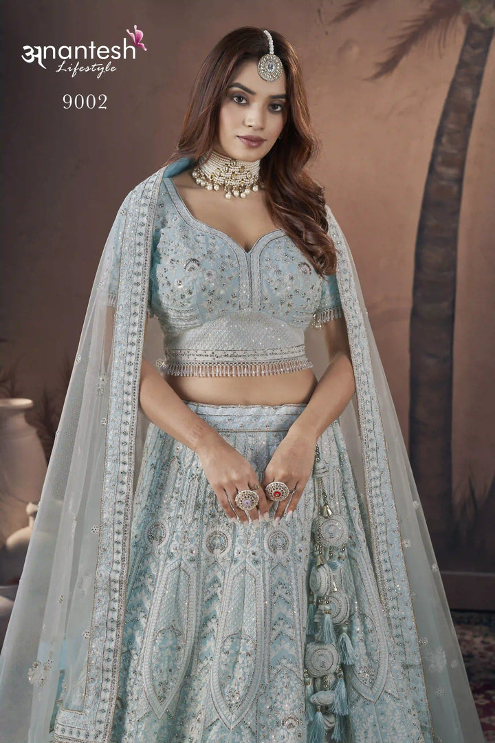 Sky Blue Bridal Handwork Lehenga Choli | Party Wear Georgette Lehenga