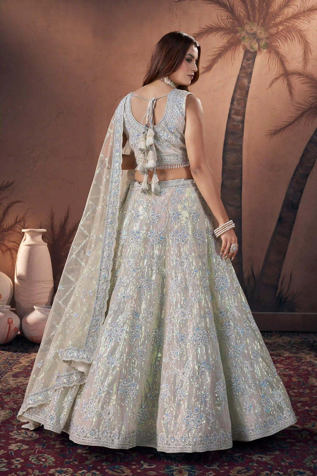 Silver Blue Bridal Handwork Lehenga Choli | Party Wear Net Lehenga