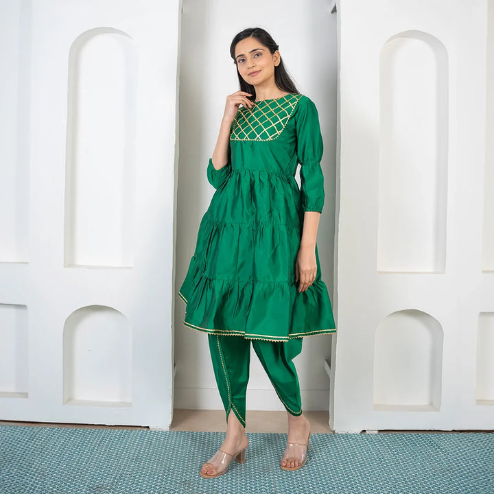 Green and Golden Tiered Kurta with Dhoti for Women