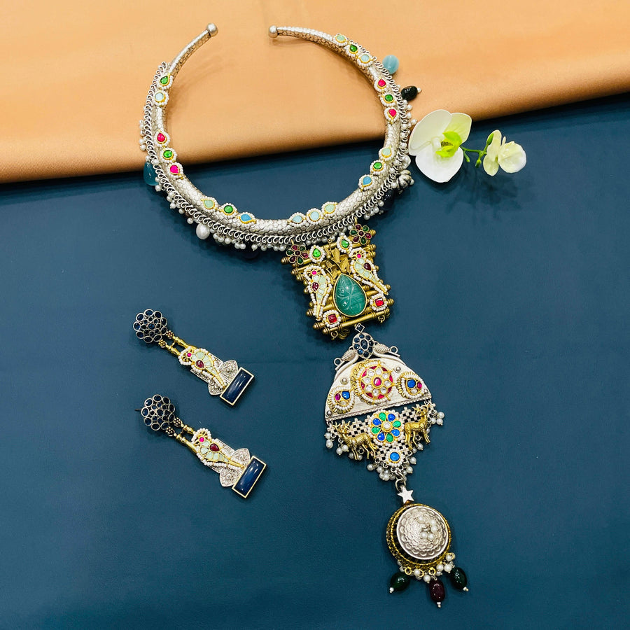 Striking German silver necklace set, ideal for women who appreciate elegance in their bridal jewelry choices.