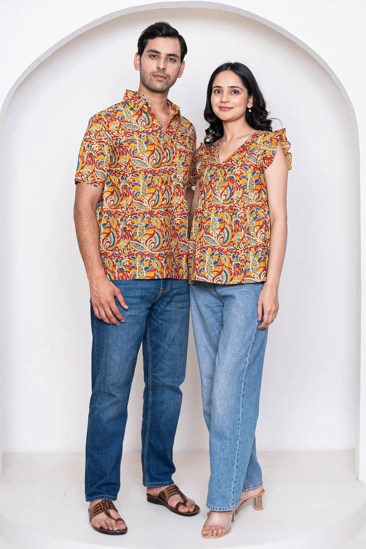 Cotton kalamkari Printed Top With Matching Shirt Couple Twin Set