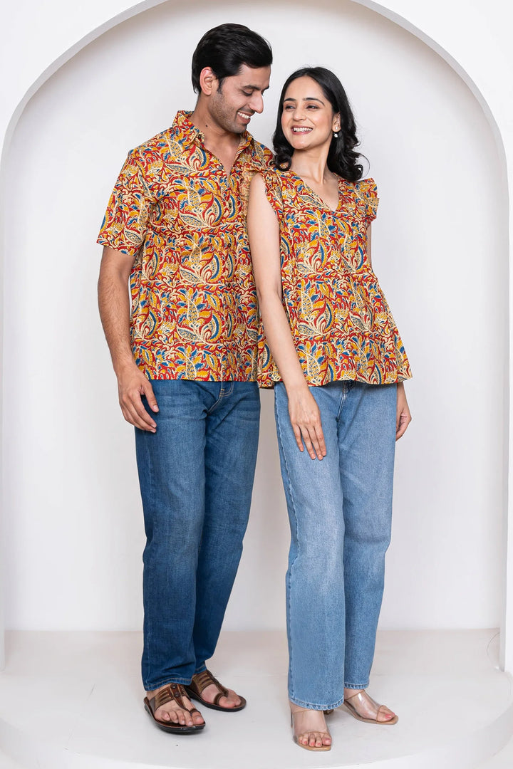 Cotton kalamkari Printed Top With Matching Shirt Couple Twin Set