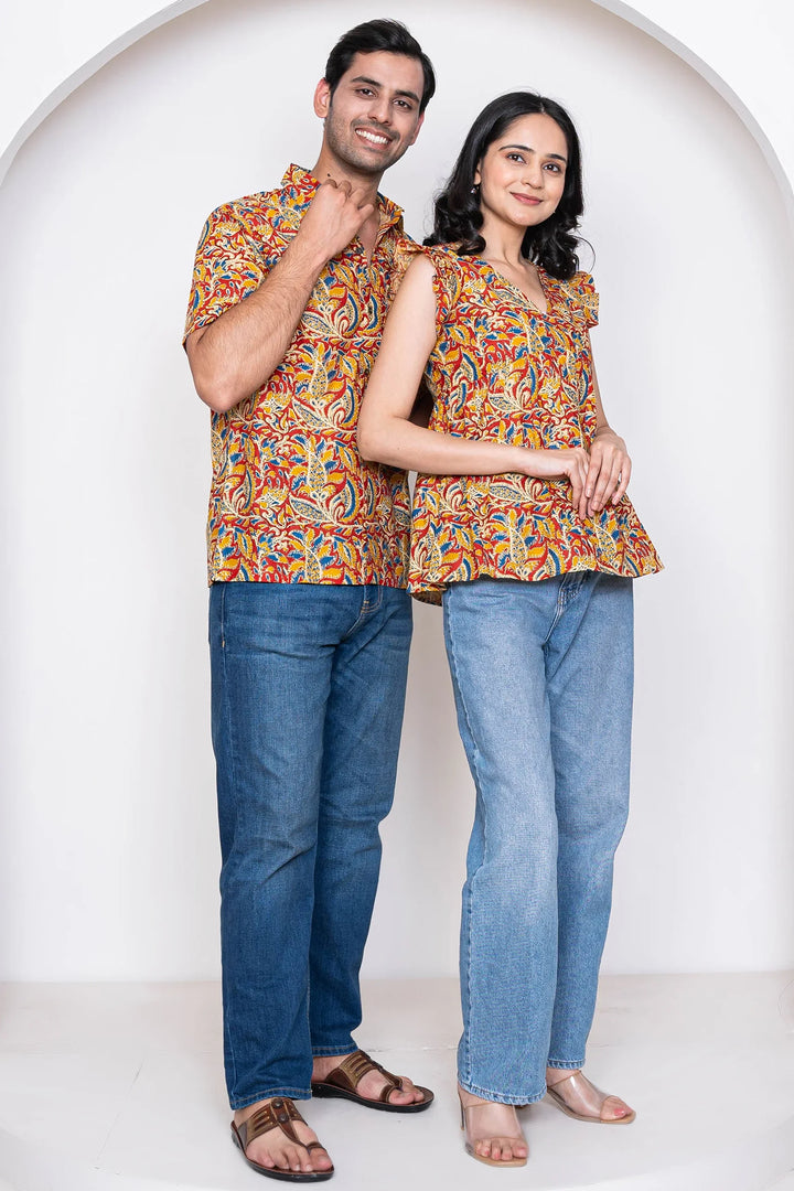 Cotton Kalamkari Print Family Set with Matching Tops & Shirts - Perfect for Casual Wear