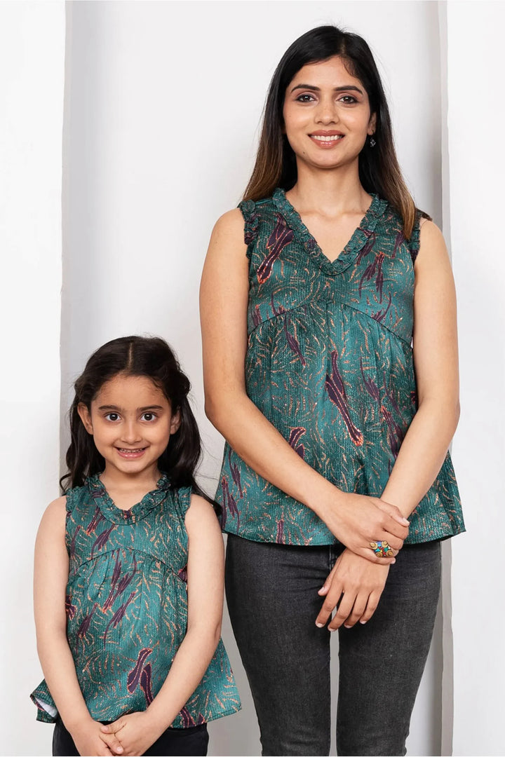 Shining Green Printed Tops For Mom and Daughter Twin Set