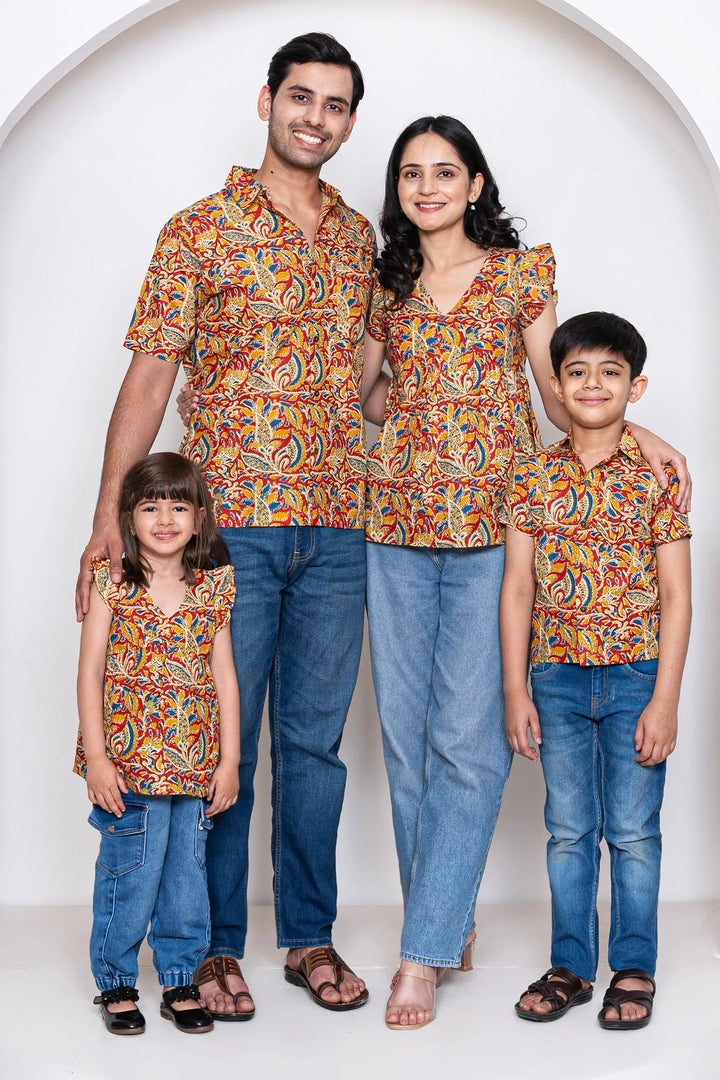 Cotton Kalamkari Print Family Set with Matching Tops & Shirts - Perfect for Casual Wear