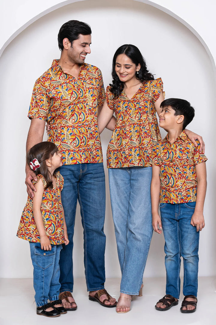 Cotton Kalamkari Print Family Set with Matching Tops & Shirts - Perfect for Casual Wear
