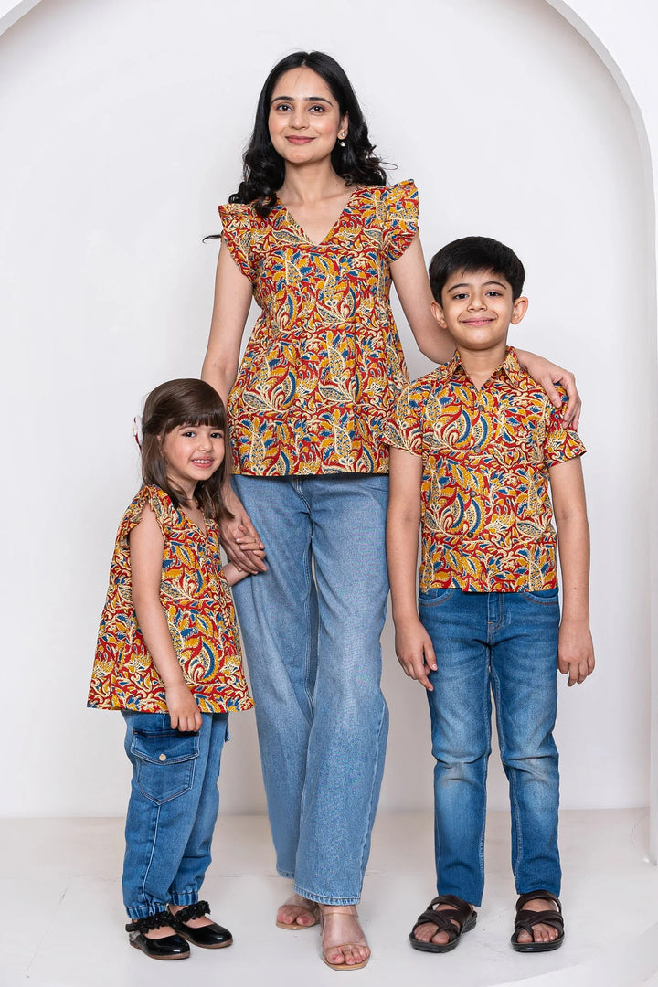 Cotton Kalamkari Print Family Set with Matching Tops & Shirts - Perfect for Casual Wear