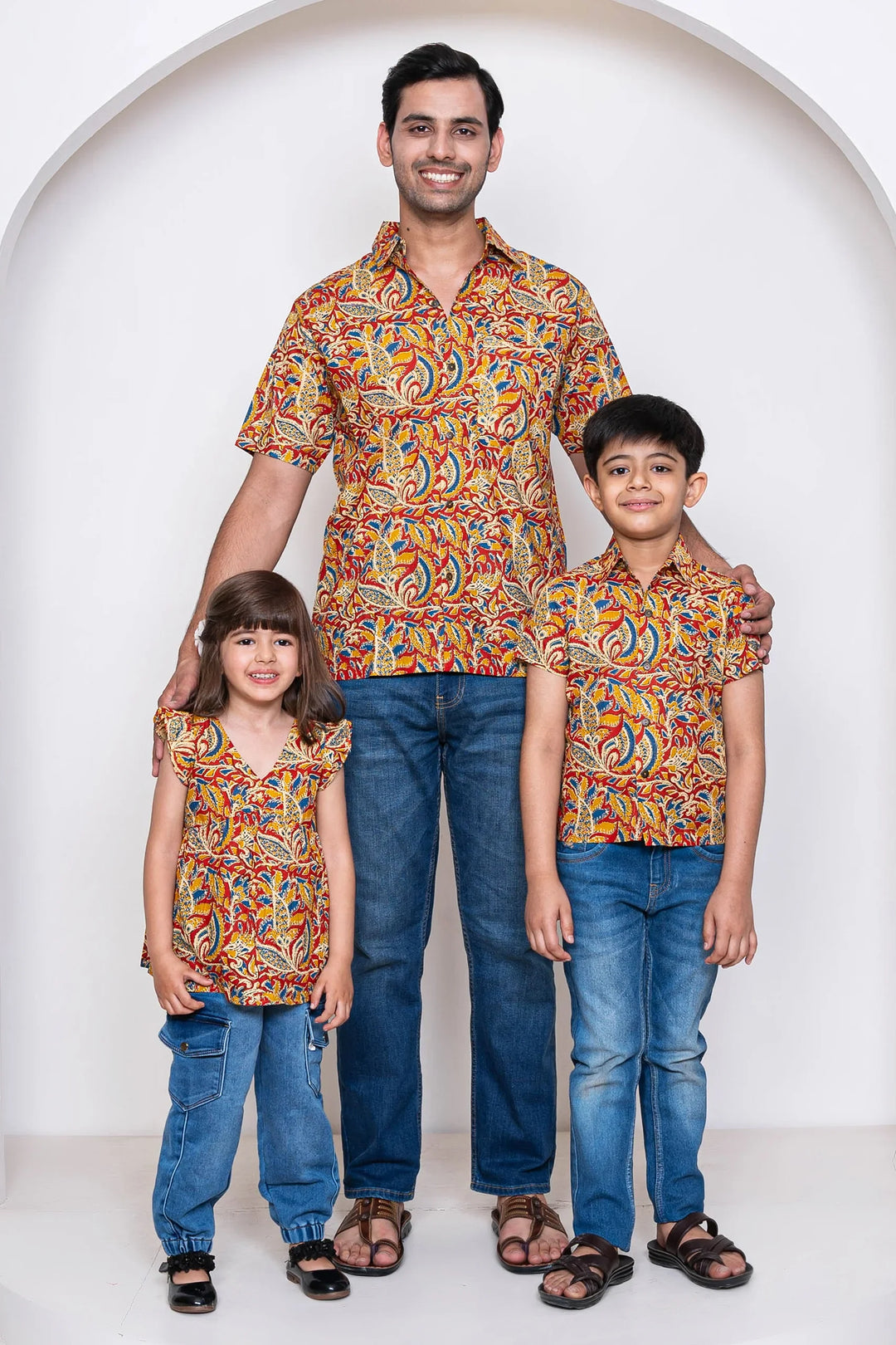 Cotton Kalamkari Print Family Set with Matching Tops & Shirts - Perfect for Casual Wear