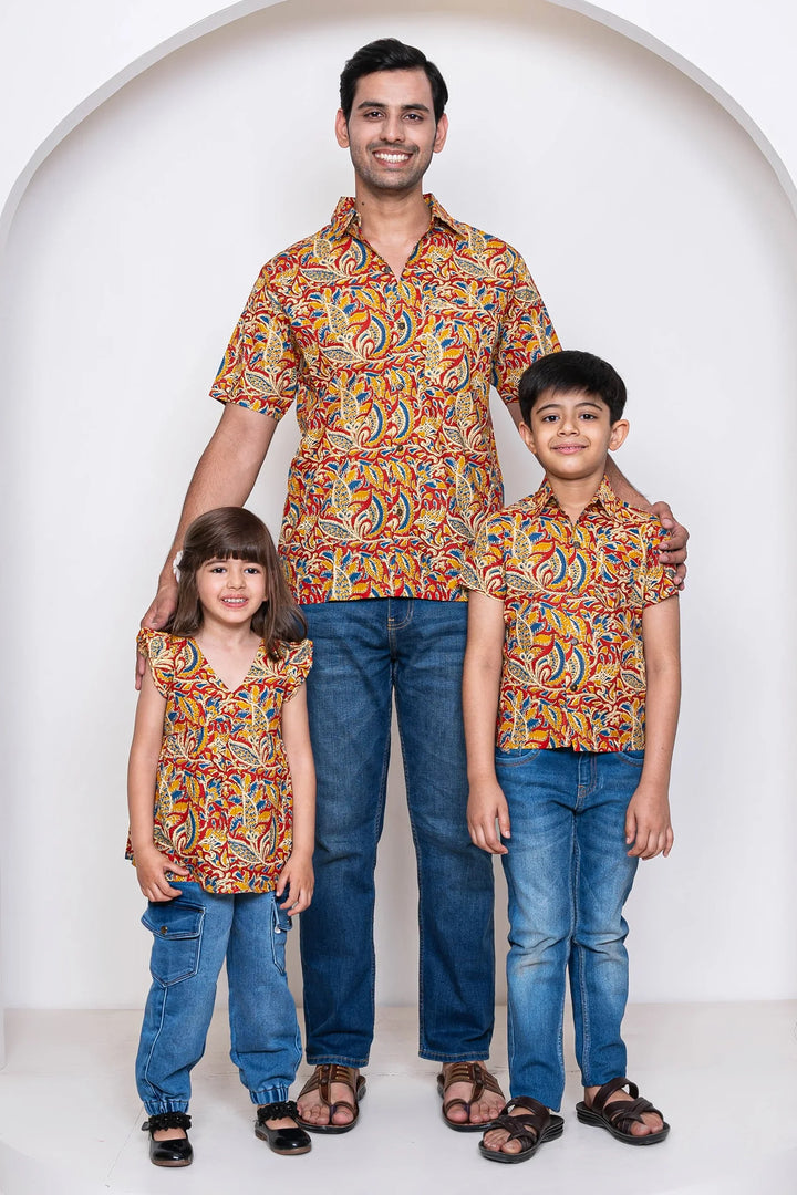 Cotton Kalamkari Print Family Set with Matching Tops & Shirts - Perfect for Casual Wear