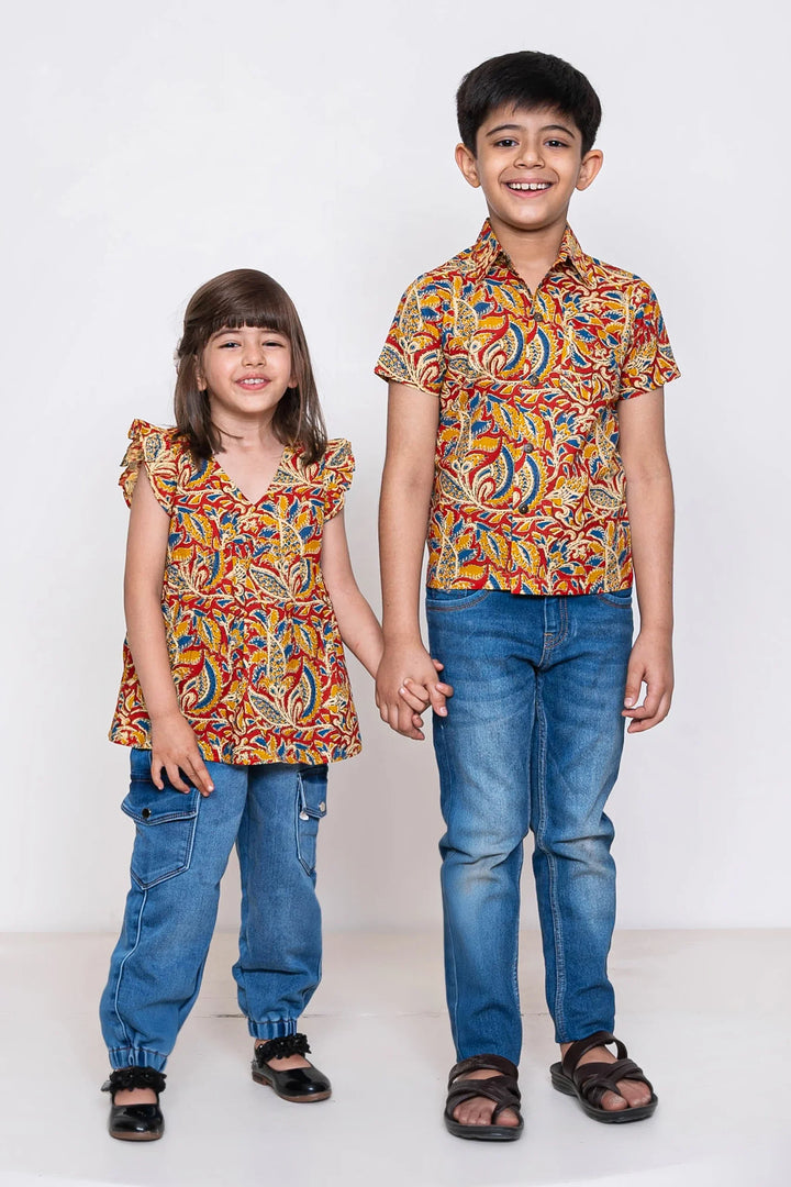 Cotton Kalamkari Print Family Set with Matching Tops & Shirts - Perfect for Casual Wear
