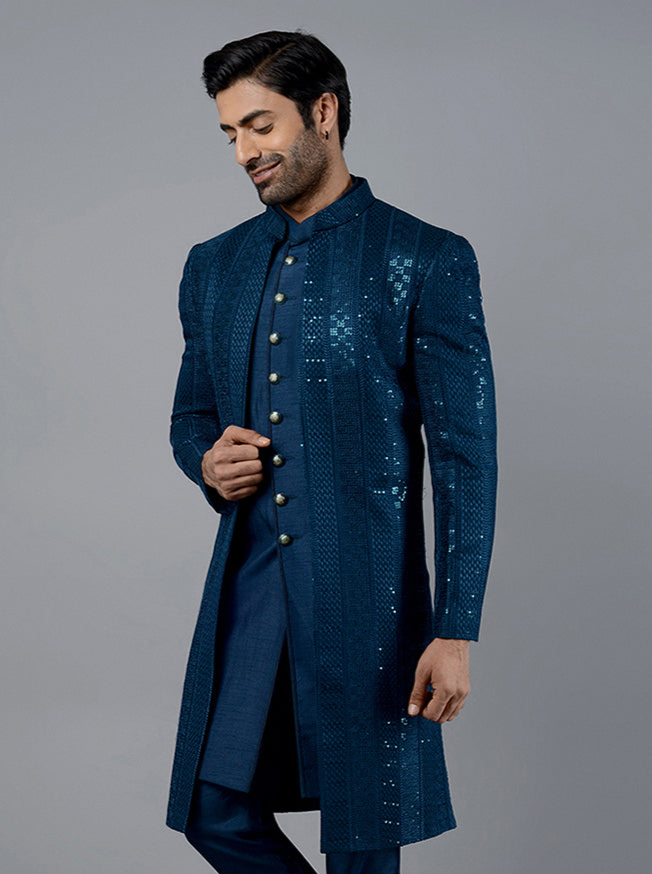 Teal Blue Indo Western Set for Men | Traditional Wedding Wear