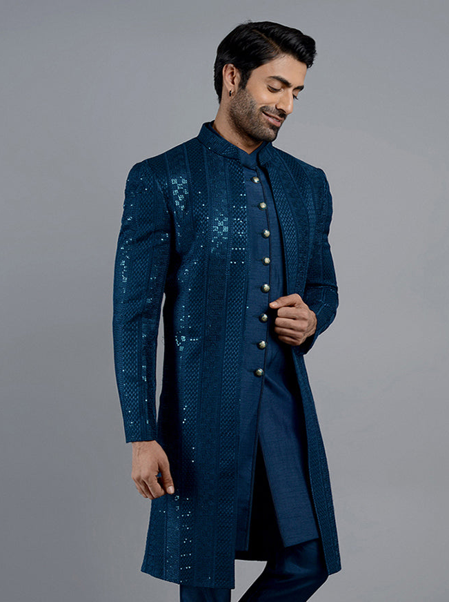Teal Blue Indo Western Set for Men | Traditional Wedding Wear