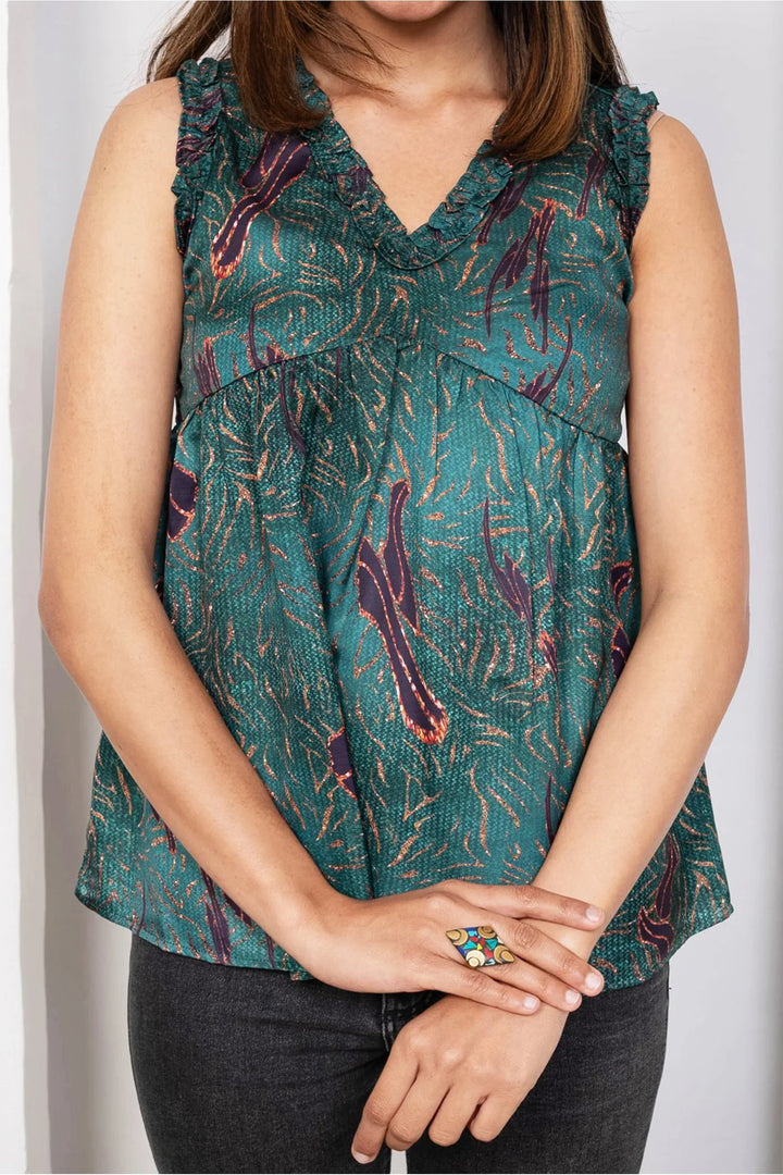Shining Green Printed Tops For Mom and Daughter Twin Set