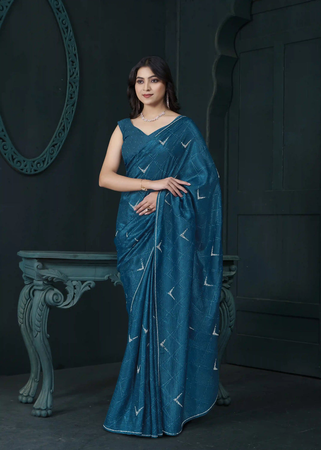 Shine in Crepe Silk Saree with Zarkan & Diamond Detailing