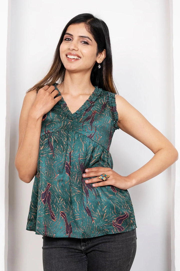 Shining Green Printed Tops For Mom and Daughter Twin Set