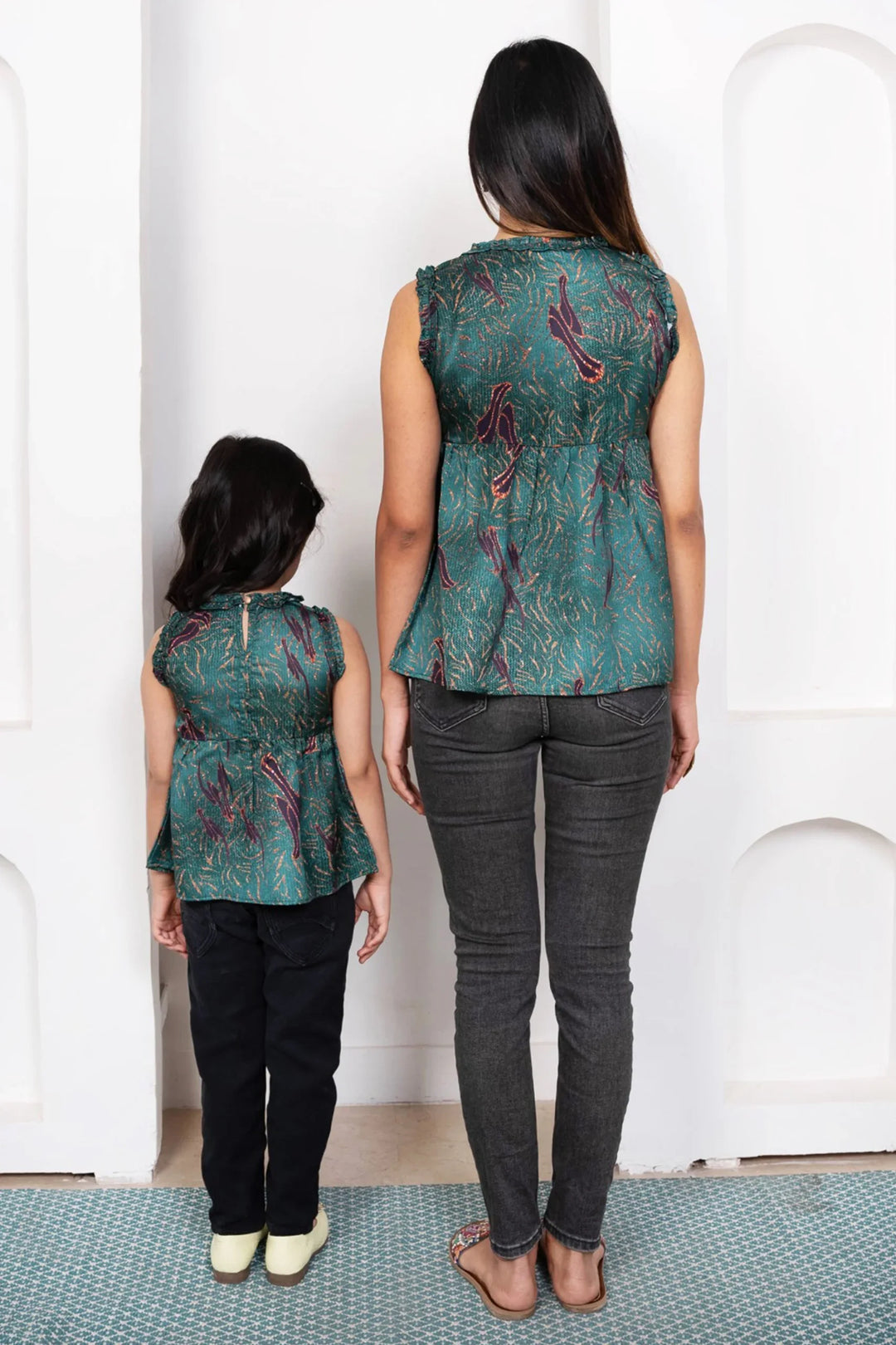 Shining Green Printed Tops For Mom and Daughter Twin Set