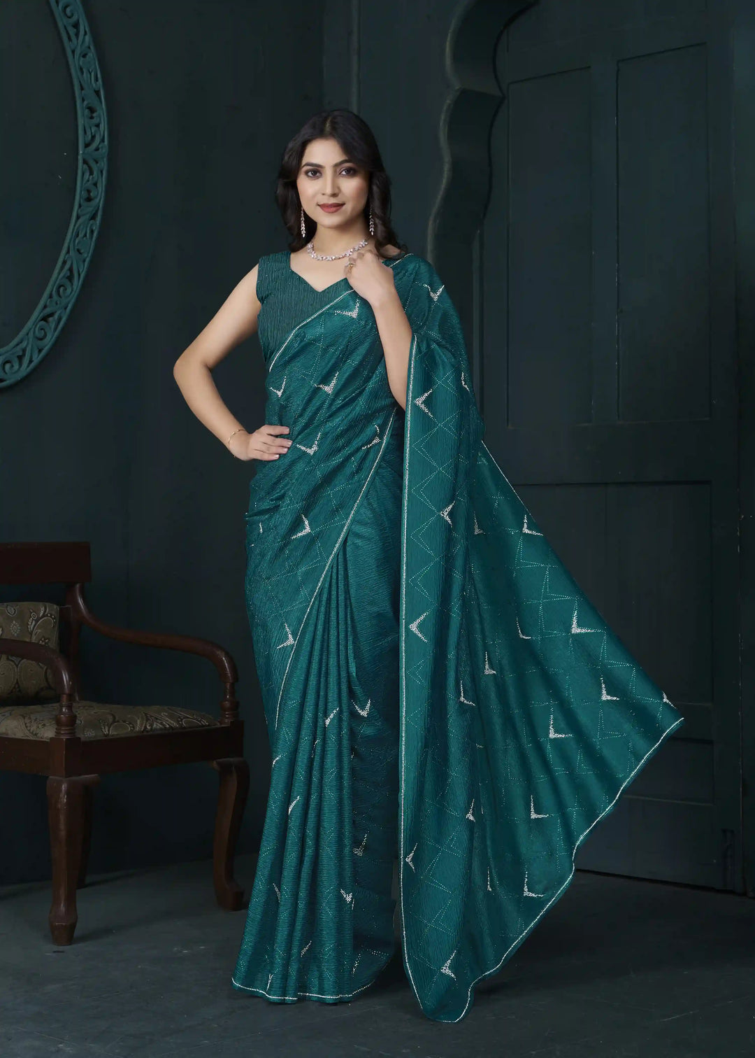 Shine in Crepe Silk Saree with Zarkan & Diamond Detailing