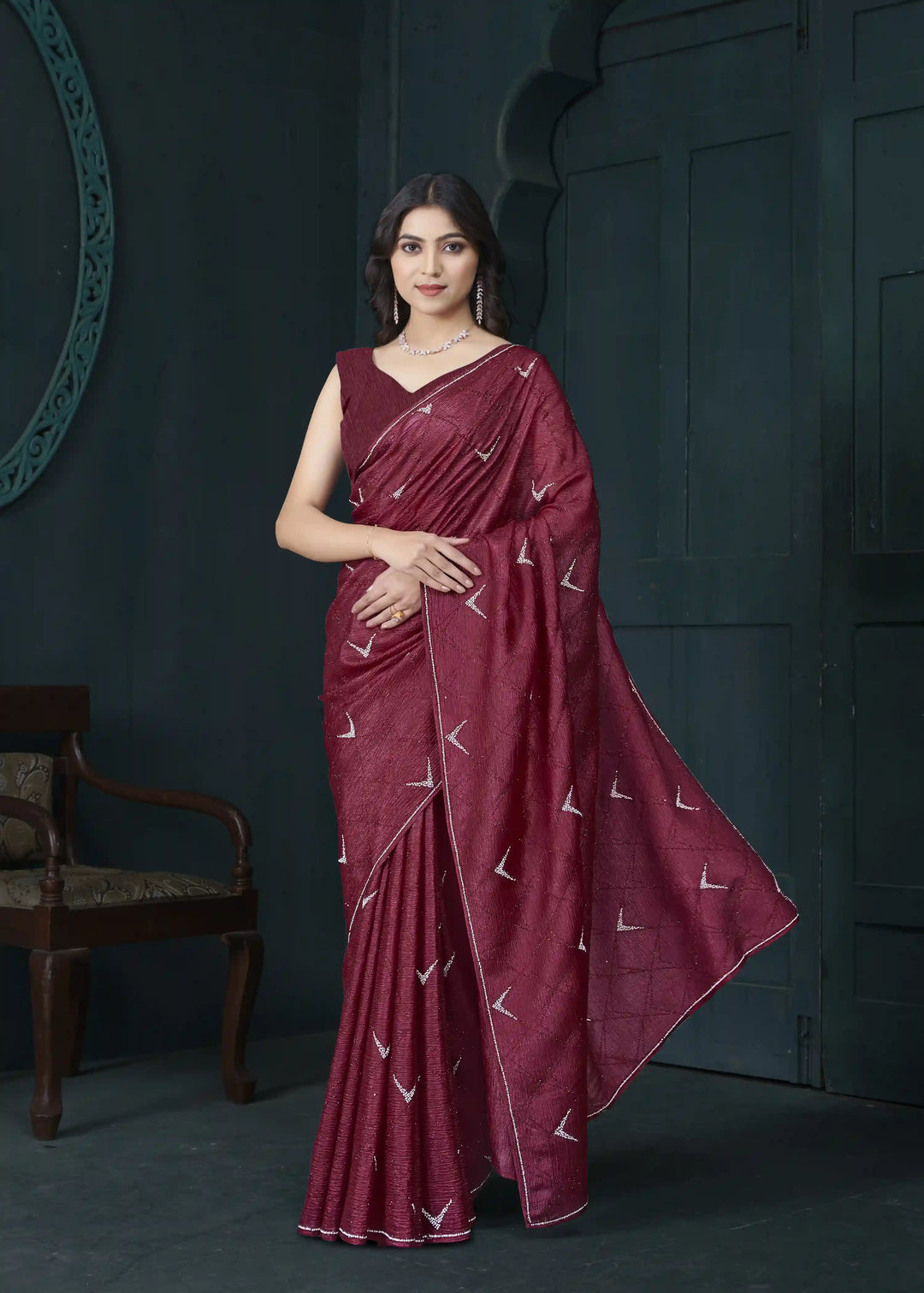 Shine in Crepe Silk Saree with Zarkan & Diamond Detailing