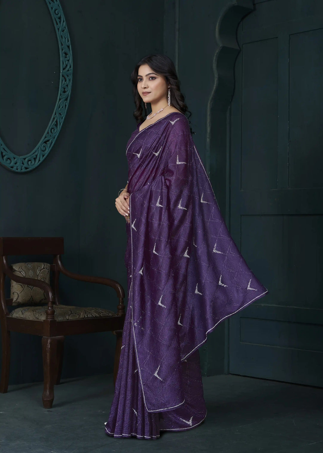 Shine in Crepe Silk Saree with Zarkan & Diamond Detailing