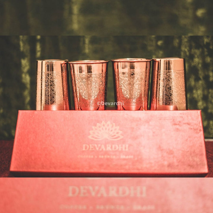 Copper Embossed Glass Set | Unique 4-Piece Drinkware Collection
