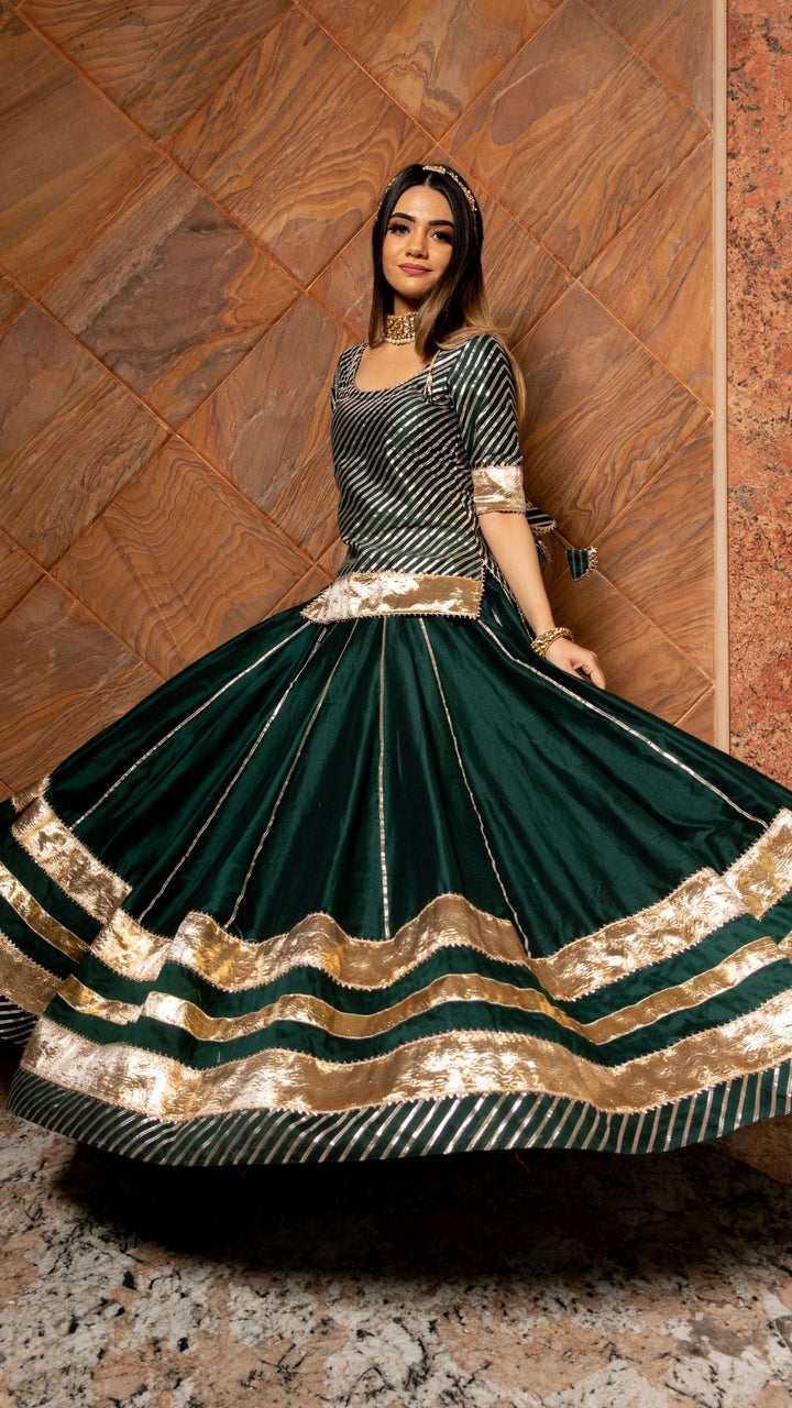 BAISA DARK GREEN COTTON SILK LEHENGA SET - Pomcha Jaipur