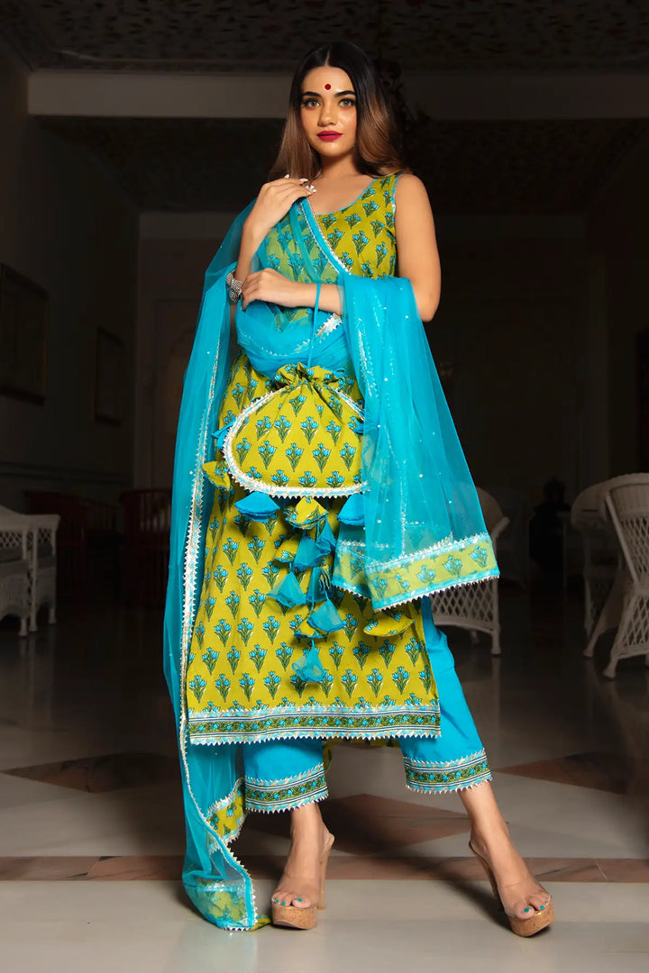 Gulzar Lime & Sky Blue Hand Block Cotton Kurta Suit Set | Organza Dupatta