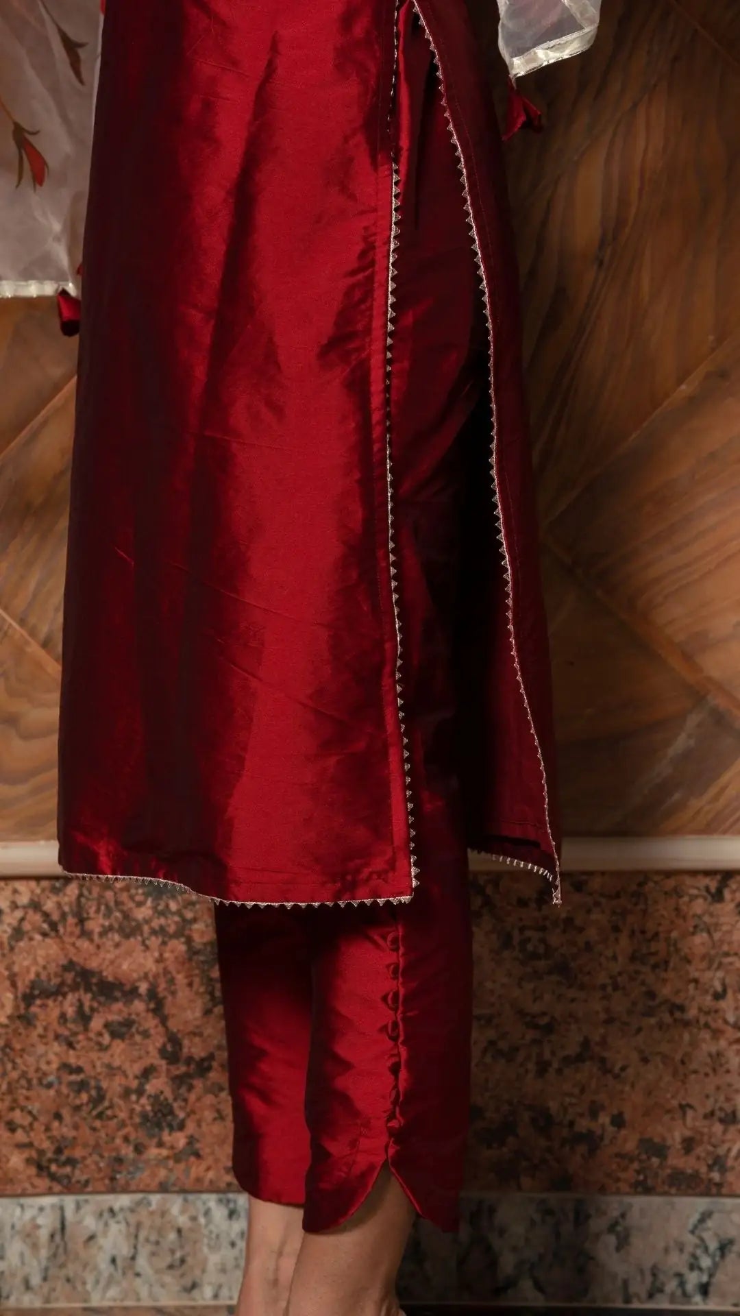 Maroon phool taffeta silk suit | with digital print organza dupatta set signature design