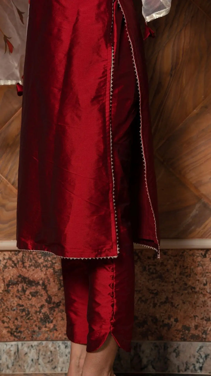 Maroon phool taffeta silk suit | with digital print organza dupatta set signature design