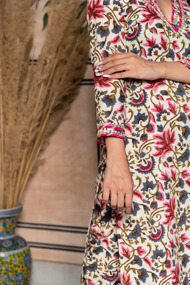 Elegant Off White Cotton Salwar Suit | Garden Rose Block Print Design