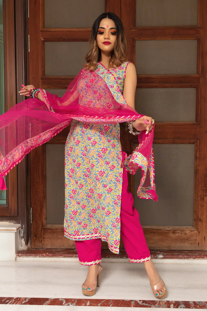 Jaipuri Straight Cotton Salwar Suit Set | Hand Block Print & Net Dupatta