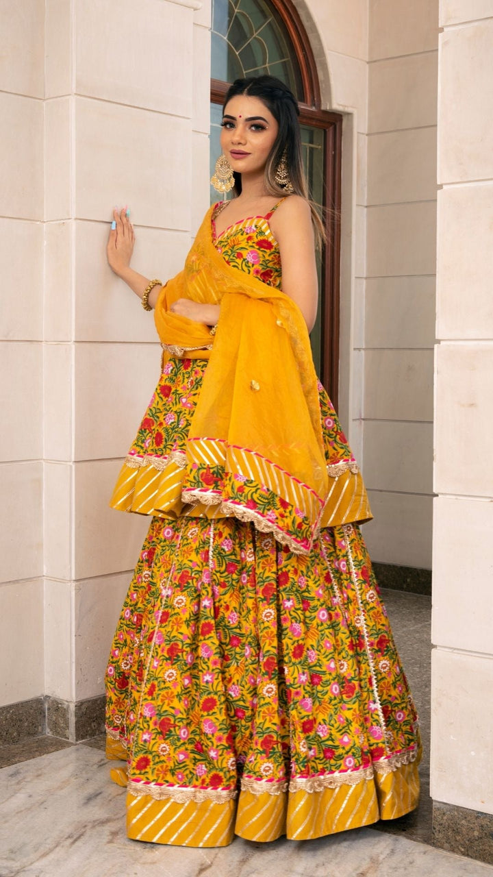 HALDI YELLOW HAND BLOCK PRINT LEHENGA SET - Pomcha Jaipur