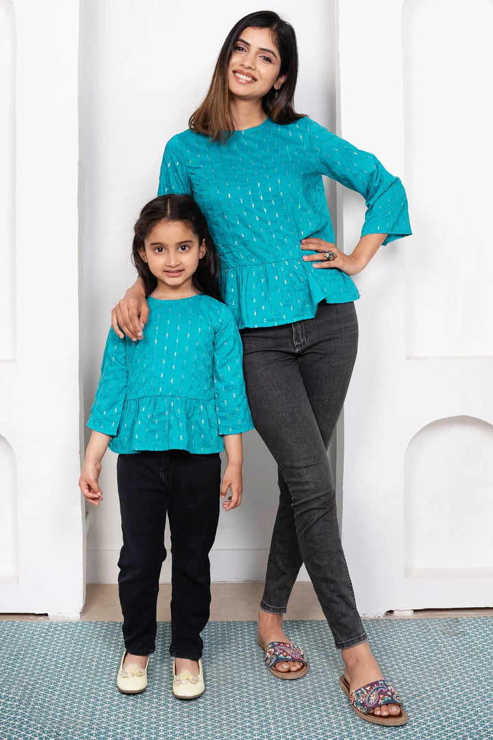 Twinning in Style: Blue & Silver Peplum Tops for Mom & Daughter