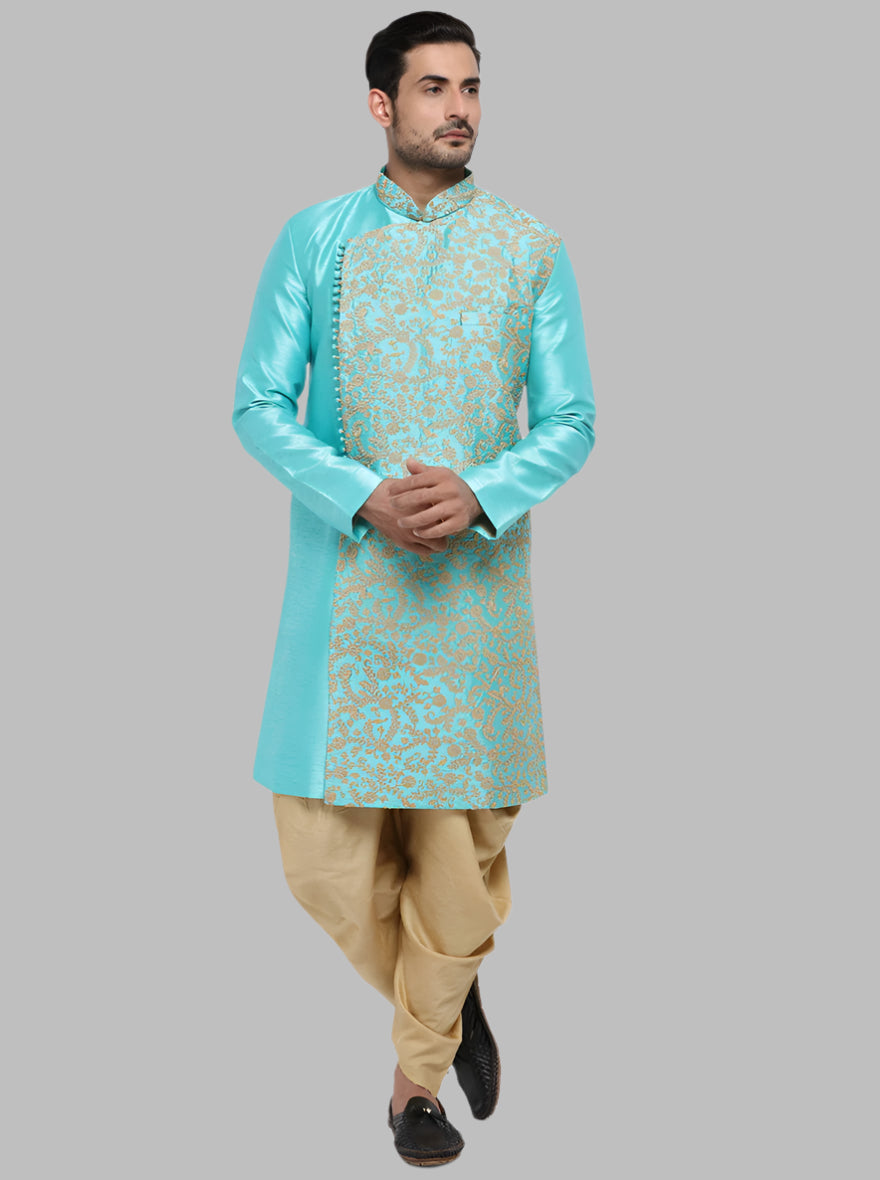 This versatile Embroidered Turquoise Blue & Golden Silk Blend is a must-have for fashionable outings and celebrations across the USA.