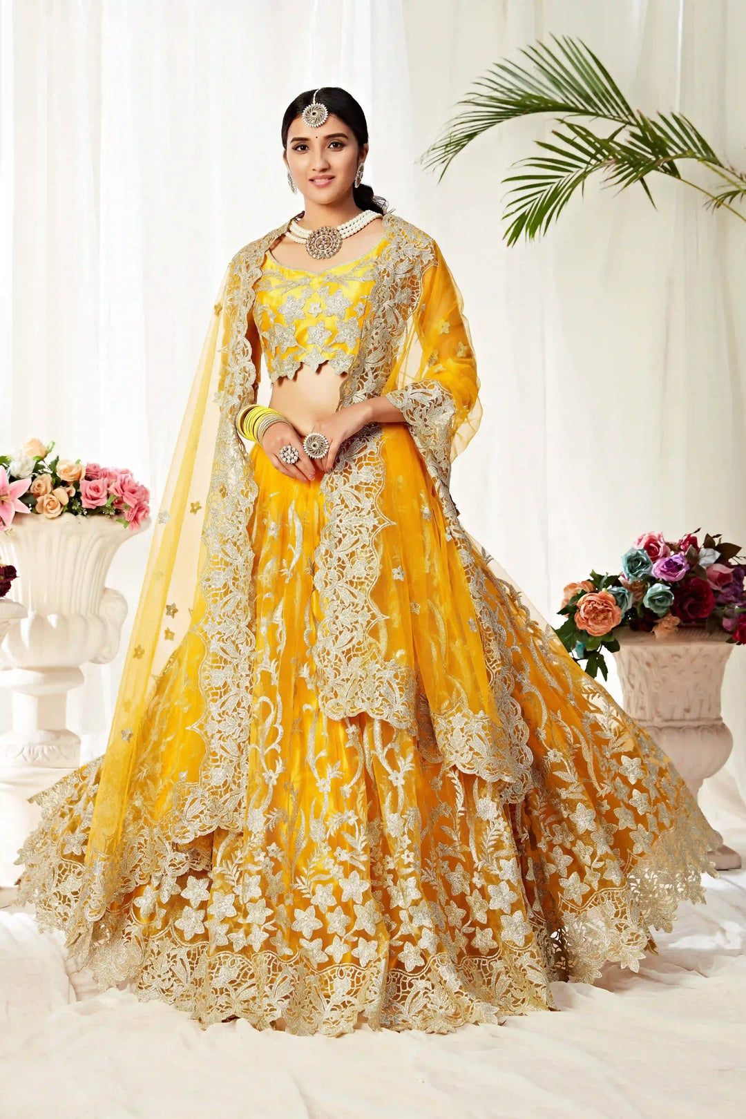 Heavy Designer Yellow Lehenga Choli | Net & Satin with Jari Embroidery