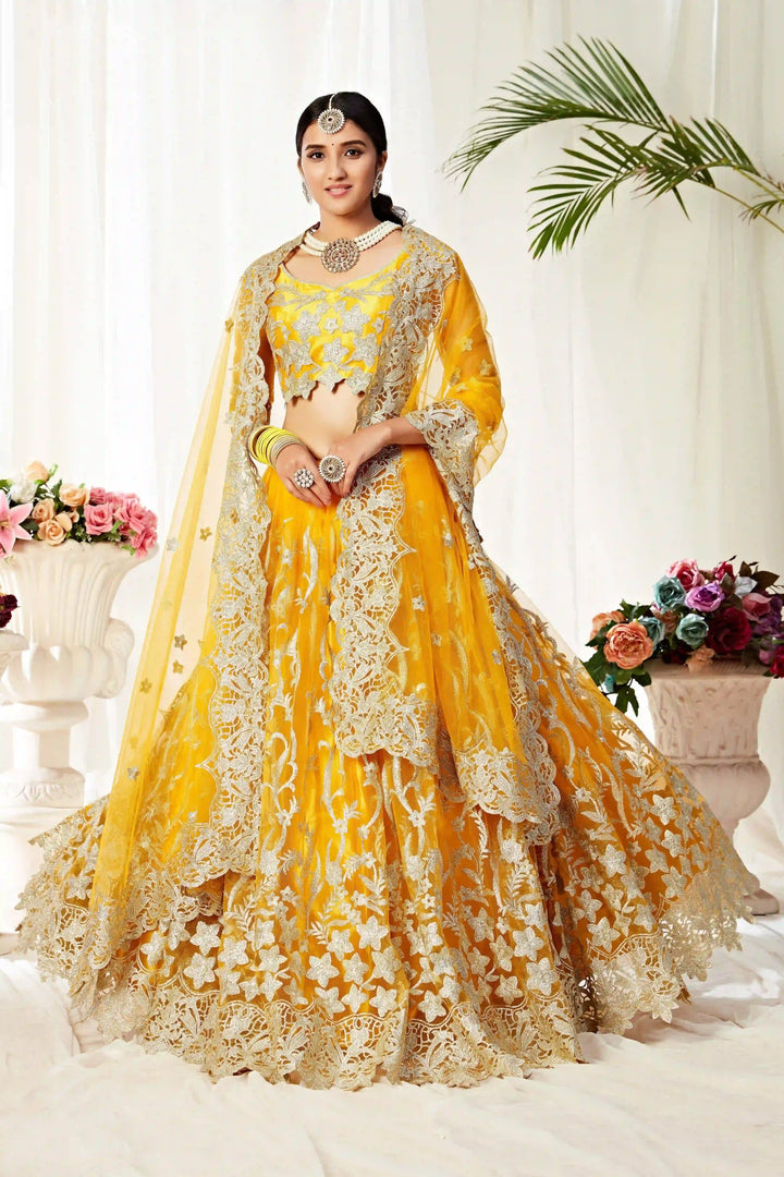 Heavy Designer Yellow Lehenga Choli | Net & Satin with Jari Embroidery