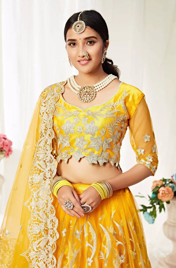 Heavy Designer Yellow Lehenga Choli | Net & Satin with Jari Embroidery