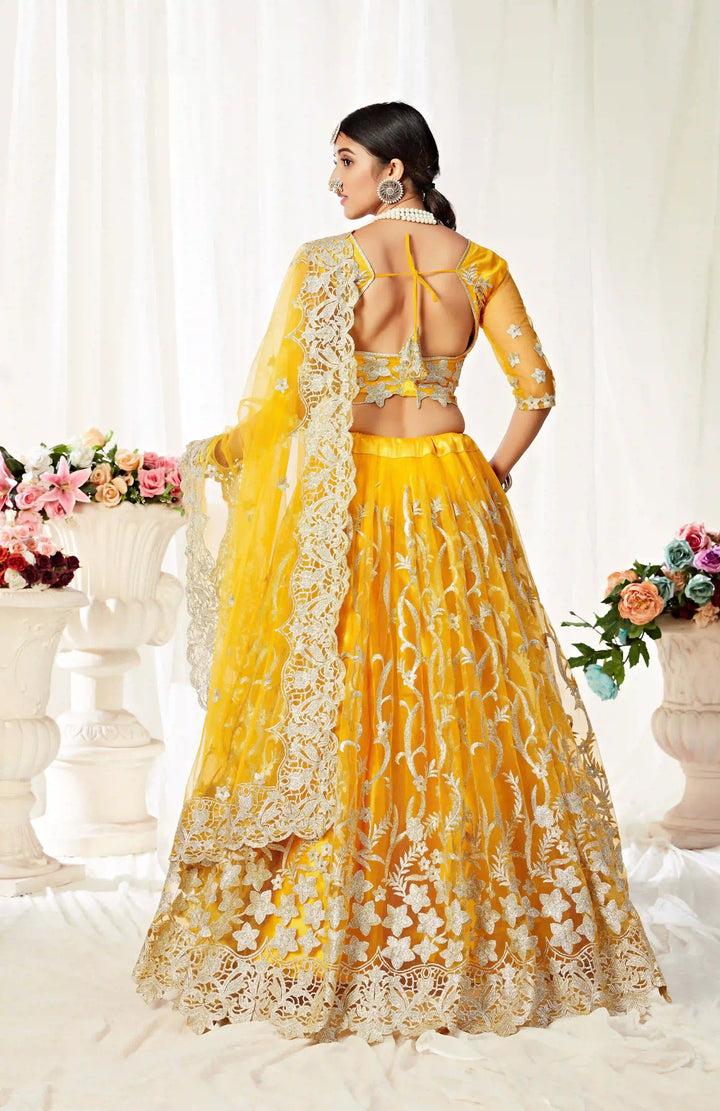 Heavy Designer Yellow Lehenga Choli | Net & Satin with Jari Embroidery