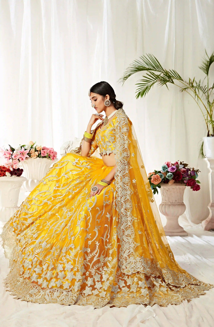 Heavy Designer Yellow Lehenga Choli | Net & Satin with Jari Embroidery