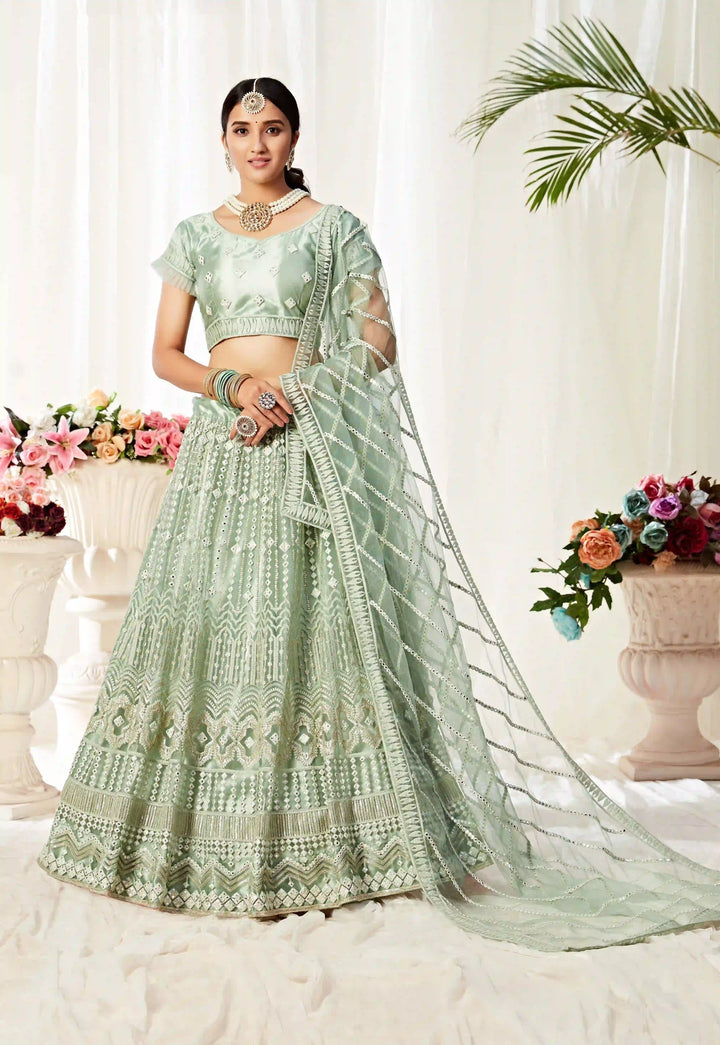 Pastel Green Lehenga Choli | Thread & Mirror Embroidery Wedding Wear