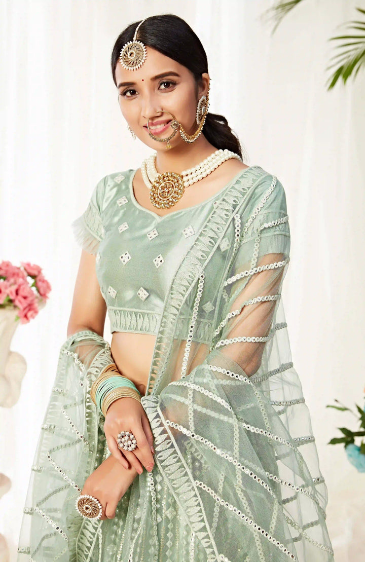 Pastel Green Lehenga Choli | Thread & Mirror Embroidery Wedding Wear