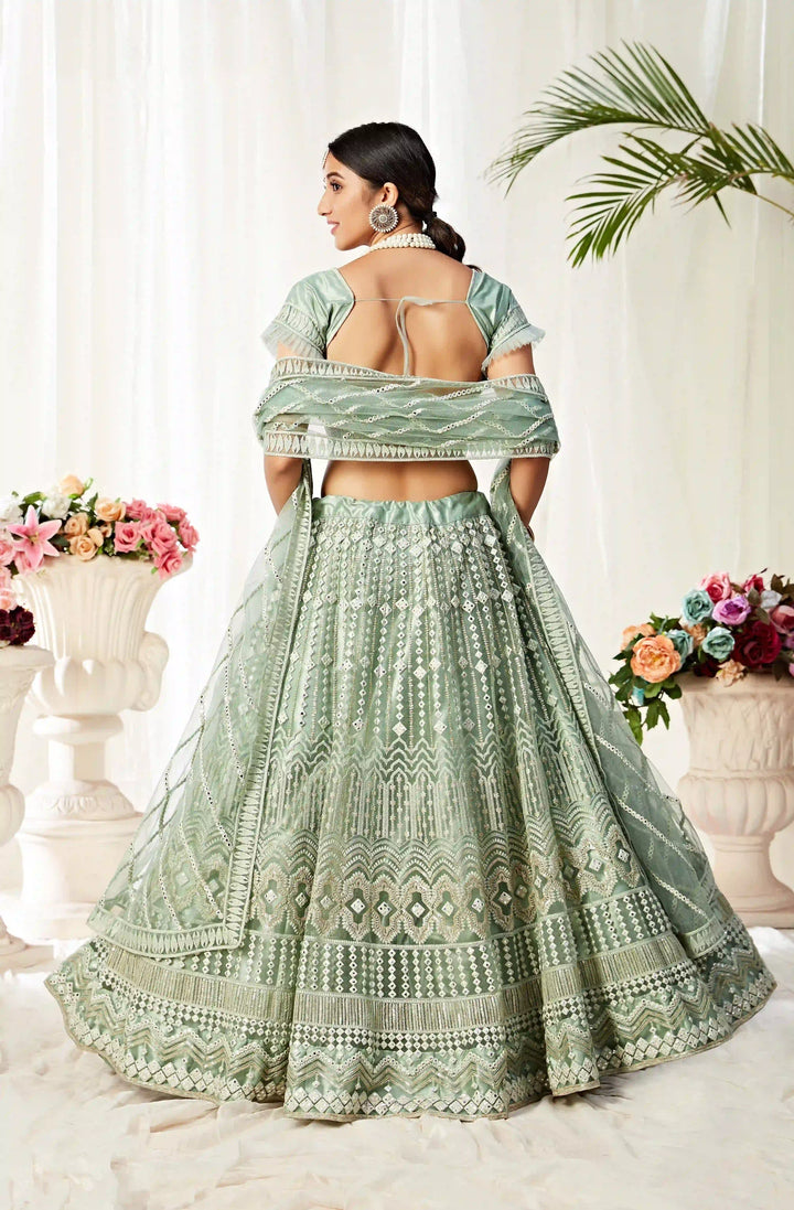 Pastel Green Lehenga Choli | Thread & Mirror Embroidery Wedding Wear