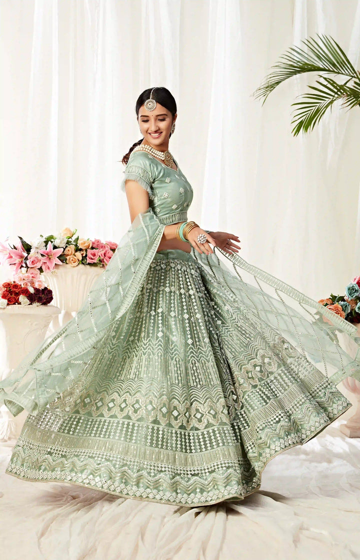 Pastel Green Lehenga Choli | Thread & Mirror Embroidery Wedding Wear