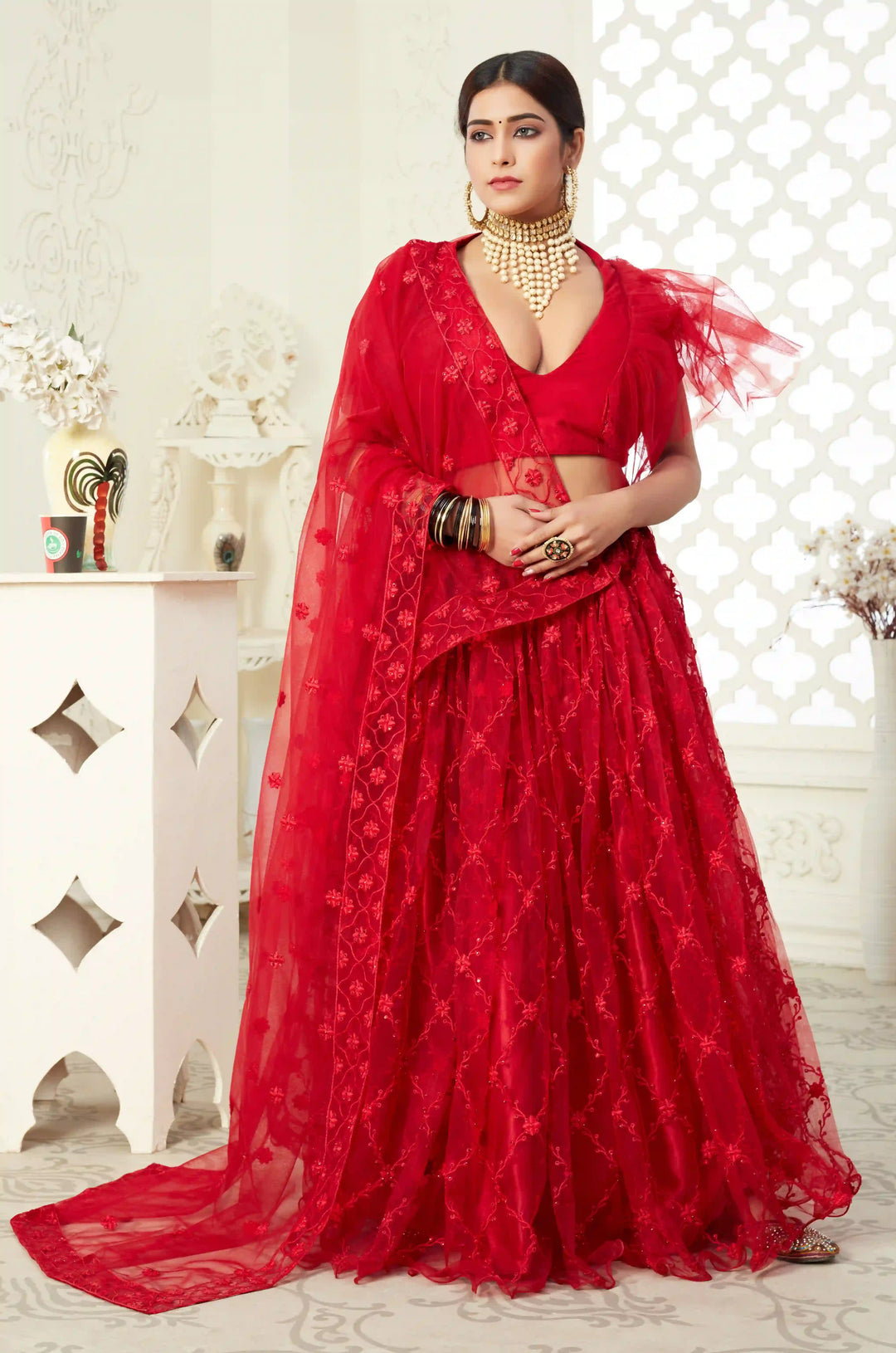 Embroidered Lehenga Choli | Red Net & Art Silk  Festive Wear